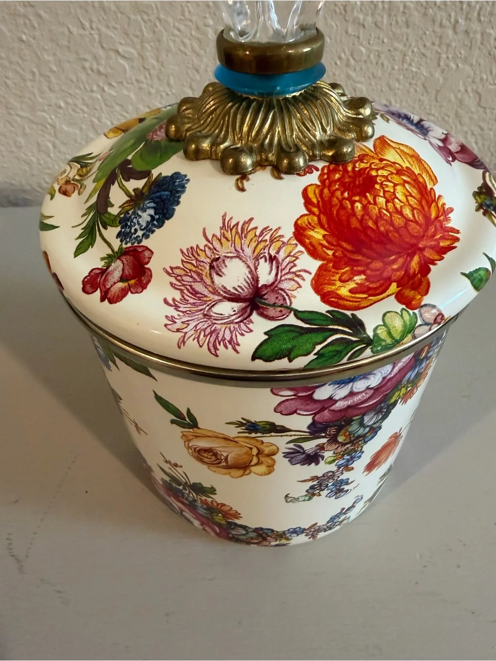 MacKenzie-Childs Small Canister White Floral Market with HTF Blue Ring